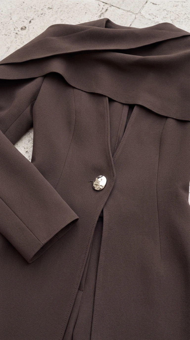 Close-up detail of the brown tailored jacket with single button closure and draped collar