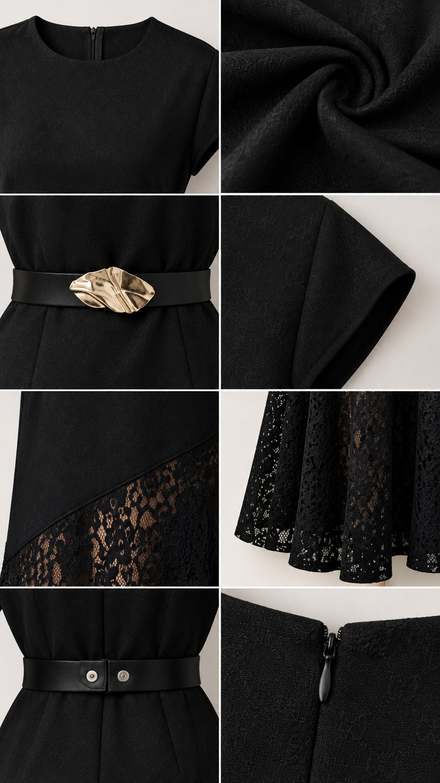 Close-up details of neckline, fabric texture, gold-tone belt buckle, lace inset, and back zipper