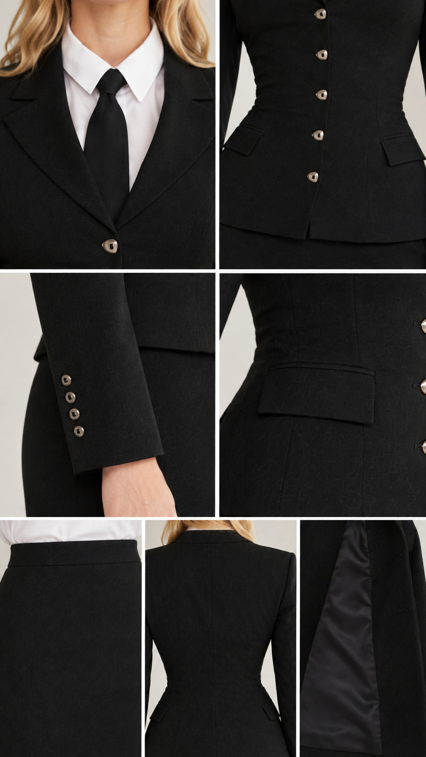Detailed close-up collage showing lapels, multi-button front, sleeve cuff buttons, and lining