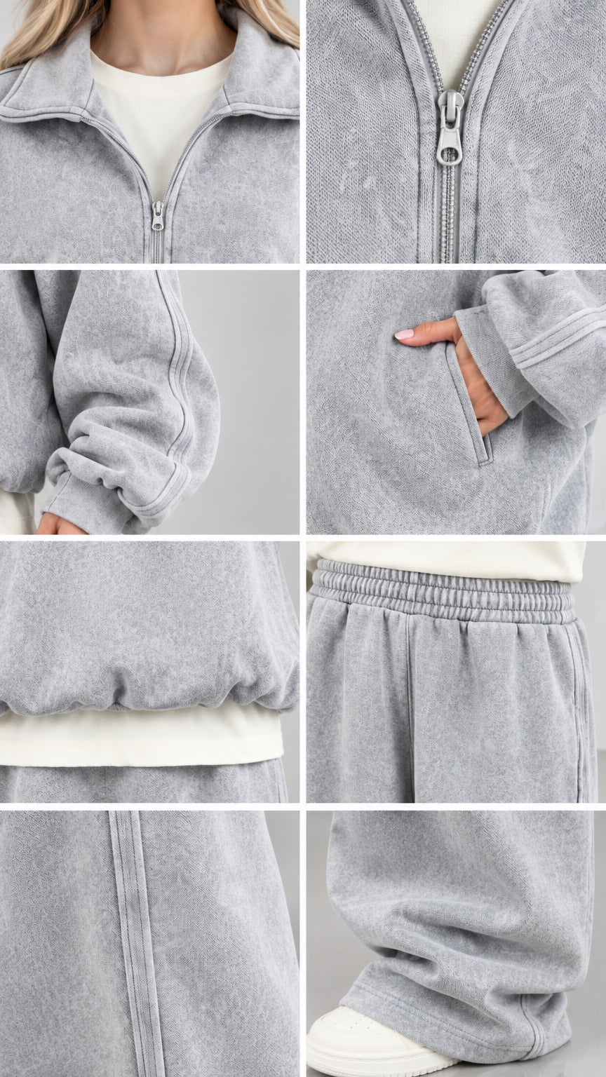Close-up details of zipper, collar, cuff, pocket, and elastic waistband construction
