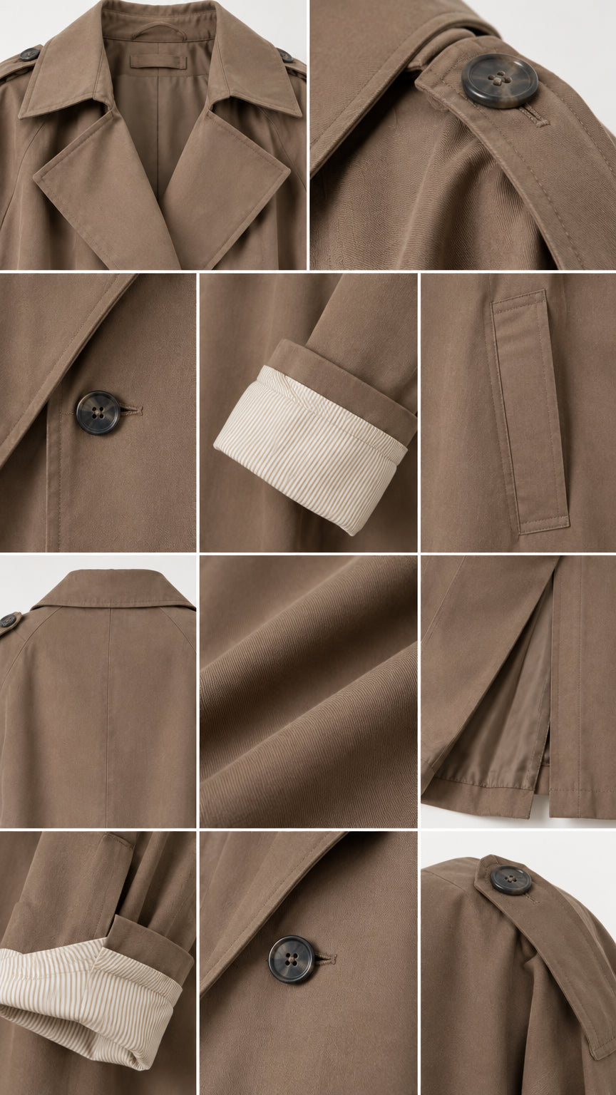 Detailed close-ups of buttons, lapels, fabric weave, contrast ribbed cuffs, and shoulder epaulets