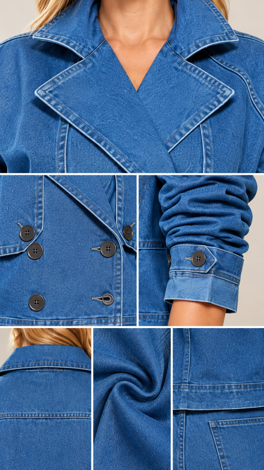 Close-up details of notch lapel, double-breasted buttons, and denim fabric texture