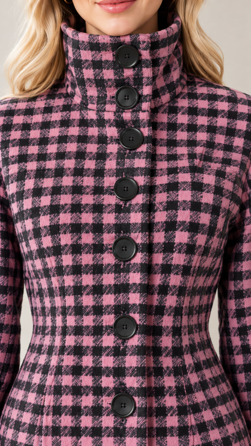 Close-up detail of high stand collar and front buttons on pink and black plaid jacket