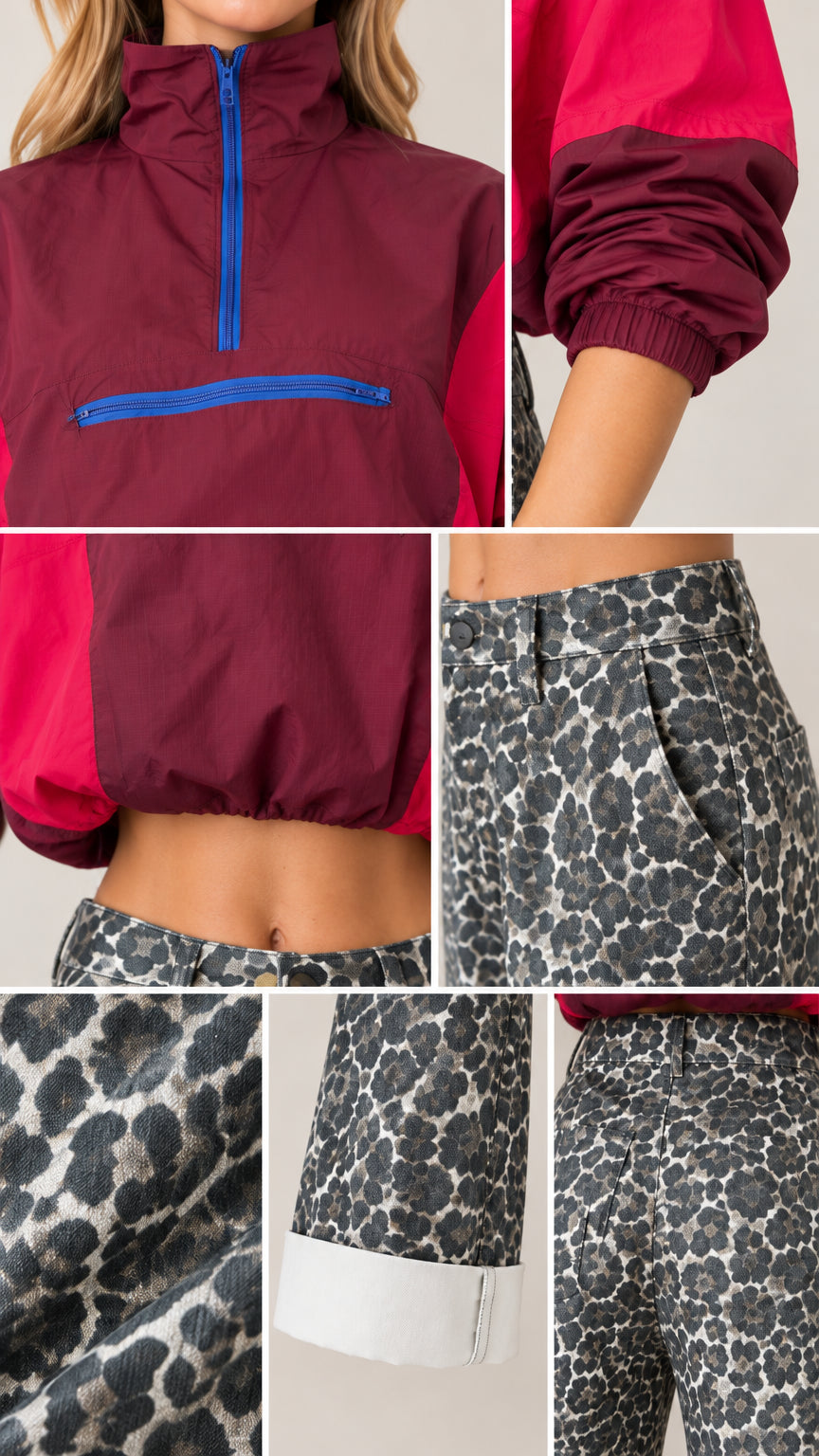 Detailed close-ups of half-zip collar, contrast zip pocket, elastic cuffs, pant waistband, leopard pattern, and white cuffed hem