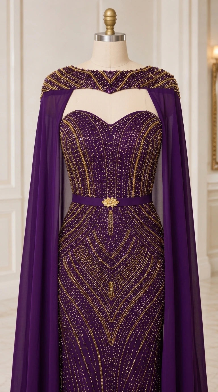 Mannequin display detail of purple embellished neckline and cape shoulders
