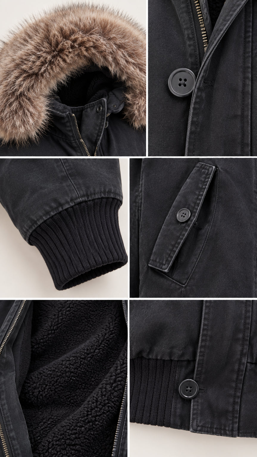 Close-up details of black bomber jacket showing faux fur trim, zipper flap, ribbed cuff, pocket, and fleece lining