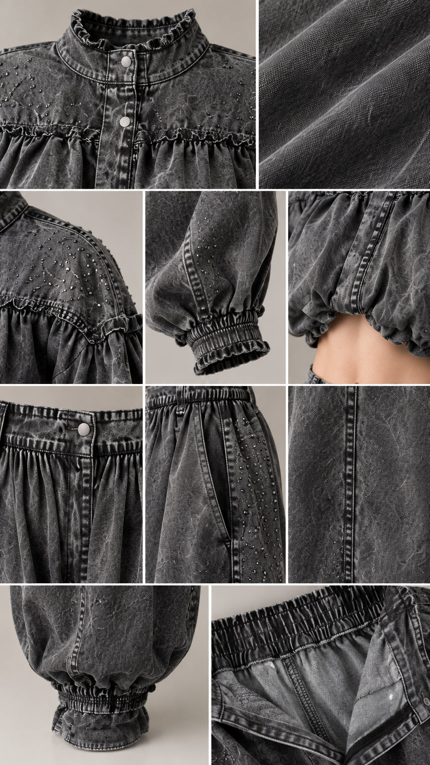 Detailed close-ups of ruffled collar, studded shoulder trim, fabric texture, elastic cuffs, and trouser waistband