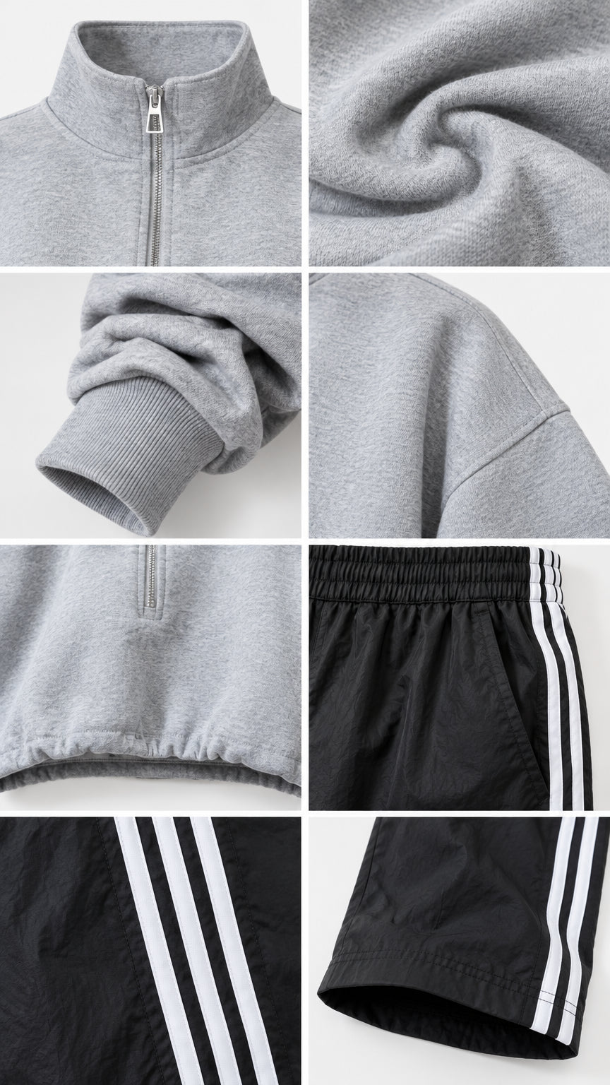 Close-up details of fleece fabric, collar zipper, ribbed cuff, elastic waist, and striped hem