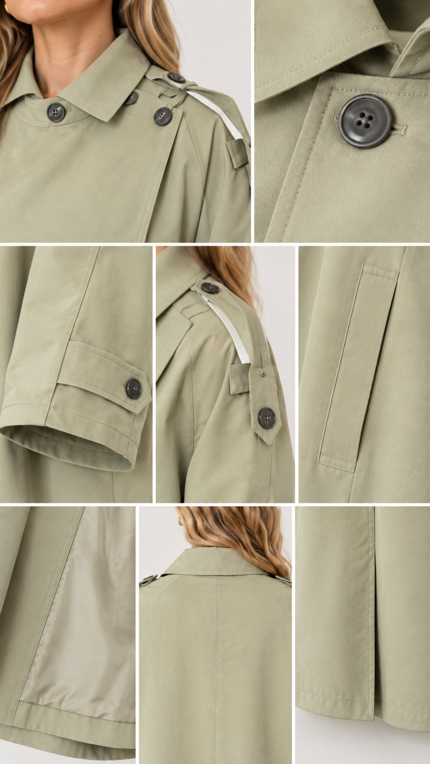 Close-up details of collar, shoulder tabs, cuff buttons, lining, and pocket of sage green duster