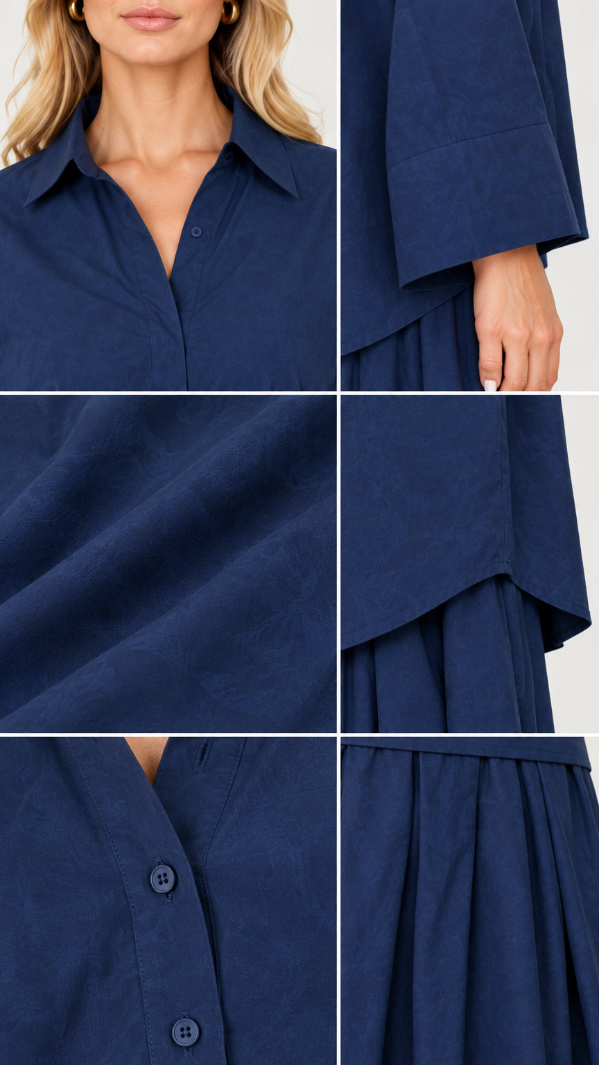 Detailed close-ups of collar, cuff, fabric texture, hemline, and pleated trouser waist in navy blue
