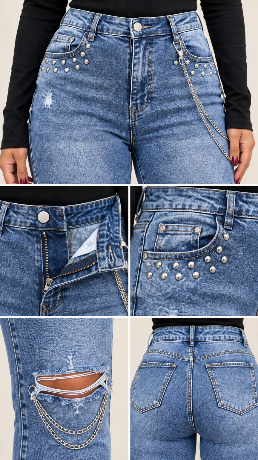 Detailed close-up collage showing studded pockets, front zip closure, knee chains, and back view