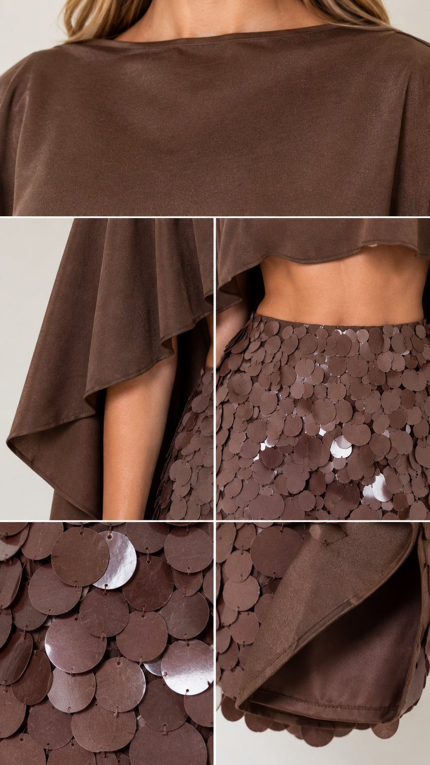 Close-up details of brown smooth cape fabric, neckline, and disc paillette embellishments
