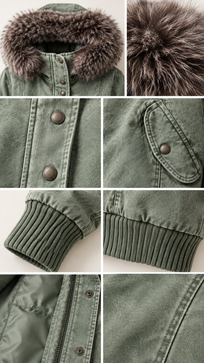 Detailed close-ups of faux fur hood, snap buttons, flap pocket, ribbed knit cuffs, and hem