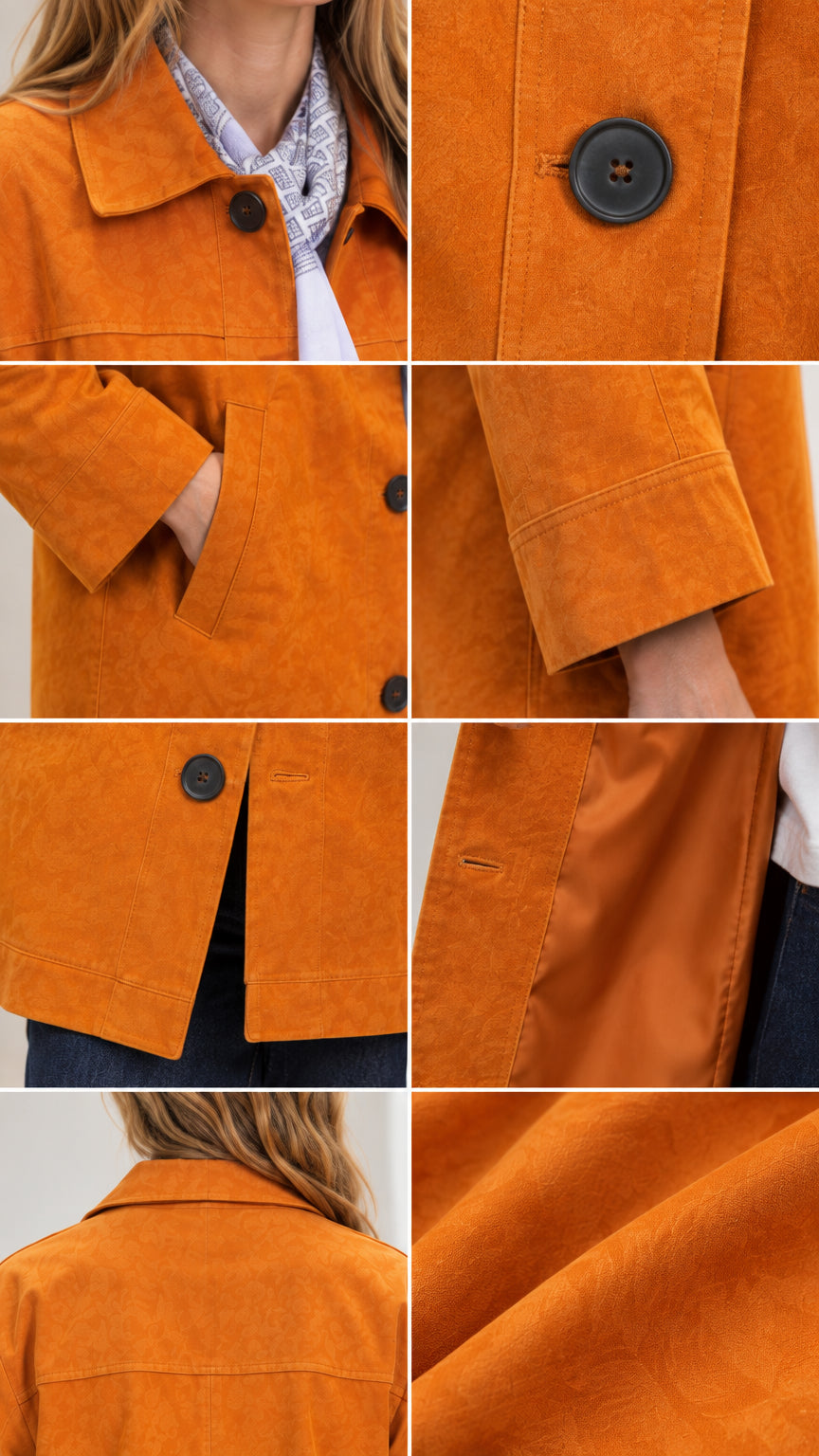 Detailed close-up panels showing collar, buttons, pockets, cuff, and fabric texture of cognac coat
