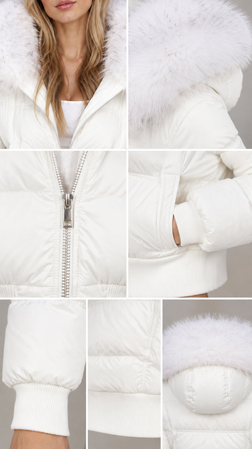 Close up detail collage showing zipper, faux fur hood trim, ribbed cuffs, and welt pocket of white puffer jacket
