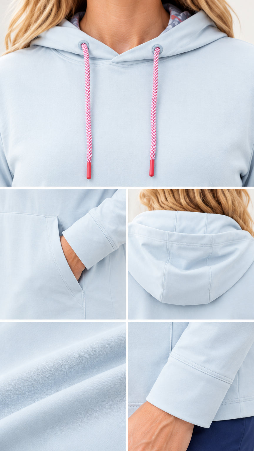 Close-up detail shots showing the contrast patterned drawstrings, front pocket, and fabric texture of the light blue hoodie