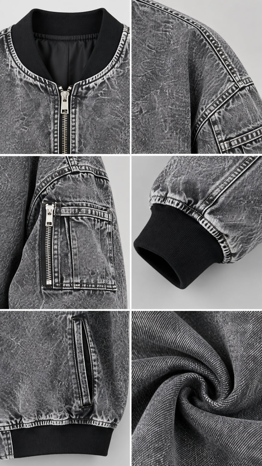 Close-up detail shots of washed denim bomber jacket collar, zipper, sleeve pocket, ribbed cuff, and fabric texture