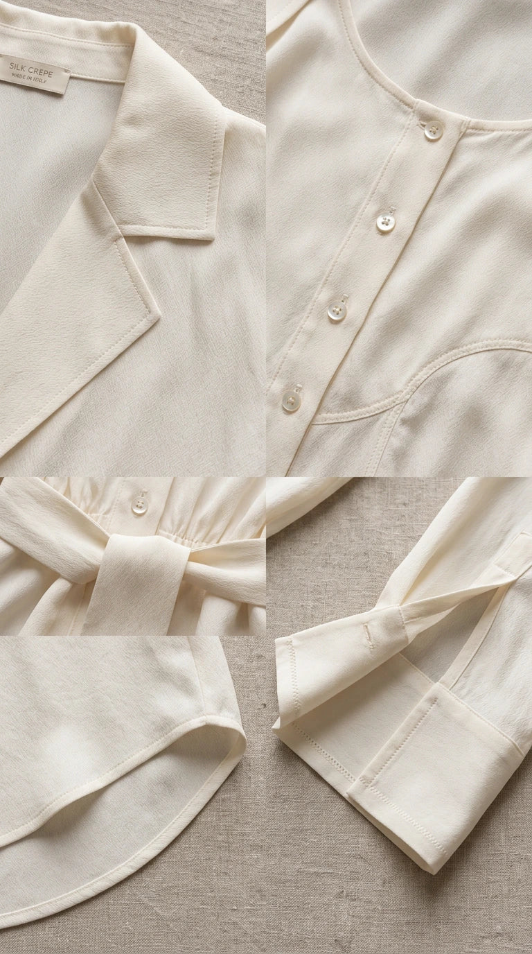 Detailed collage showing collar, button placket, waist tie, and flared cuff details of cream blouse