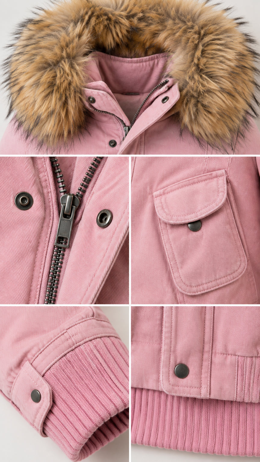 Close-up details of pink jacket showing faux fur hood, zipper placket, flap pocket, and ribbed cuffs