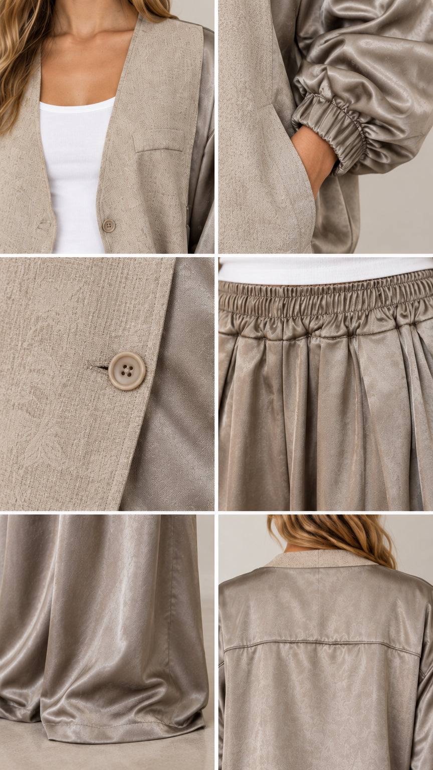 Close-up details of taupe textured jacket lapel, button, cuff, and pleated waistband
