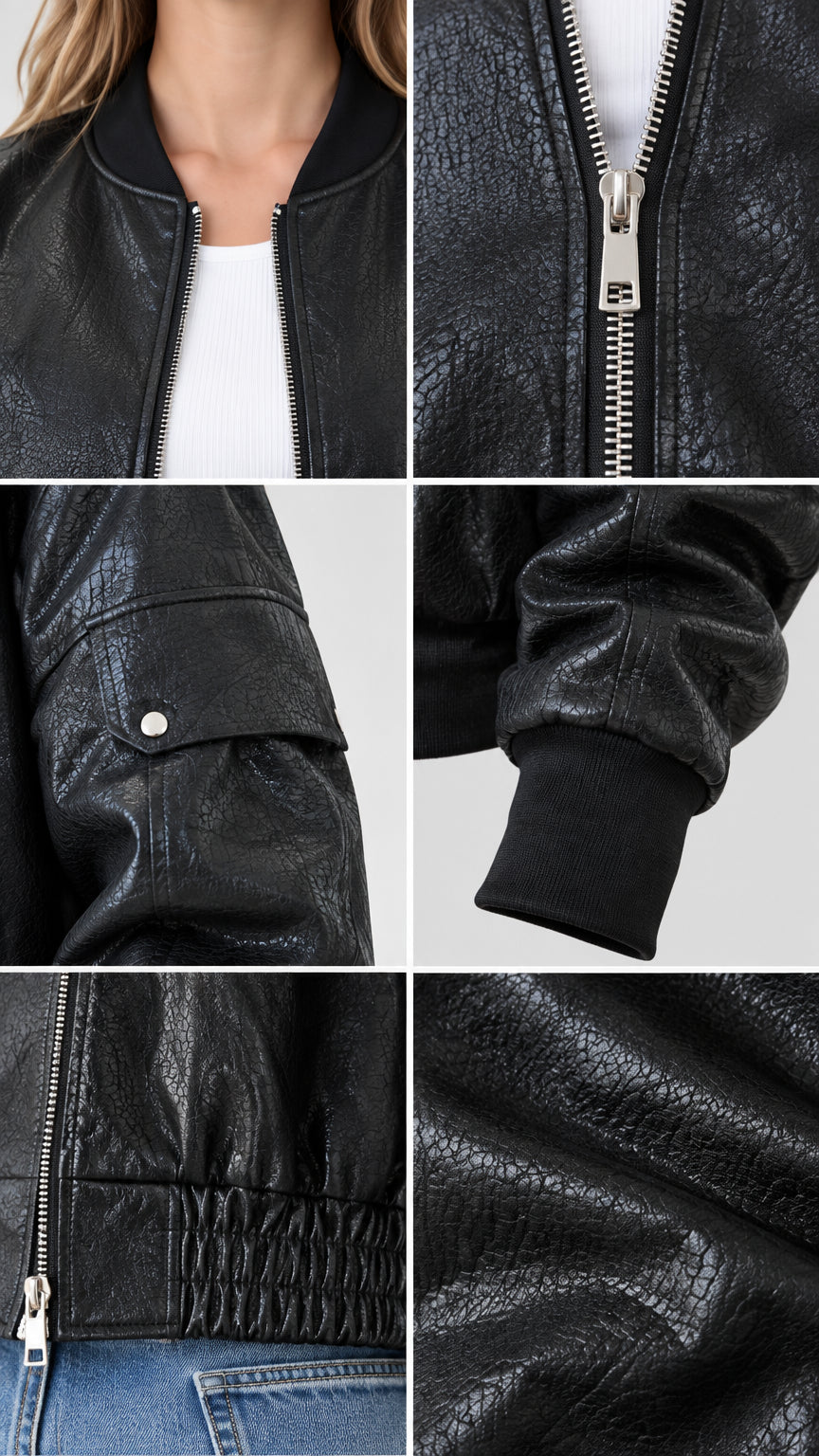 Close-up details of black faux leather bomber jacket showing ribbed collar, zipper, sleeve flap pocket, and textured fabric