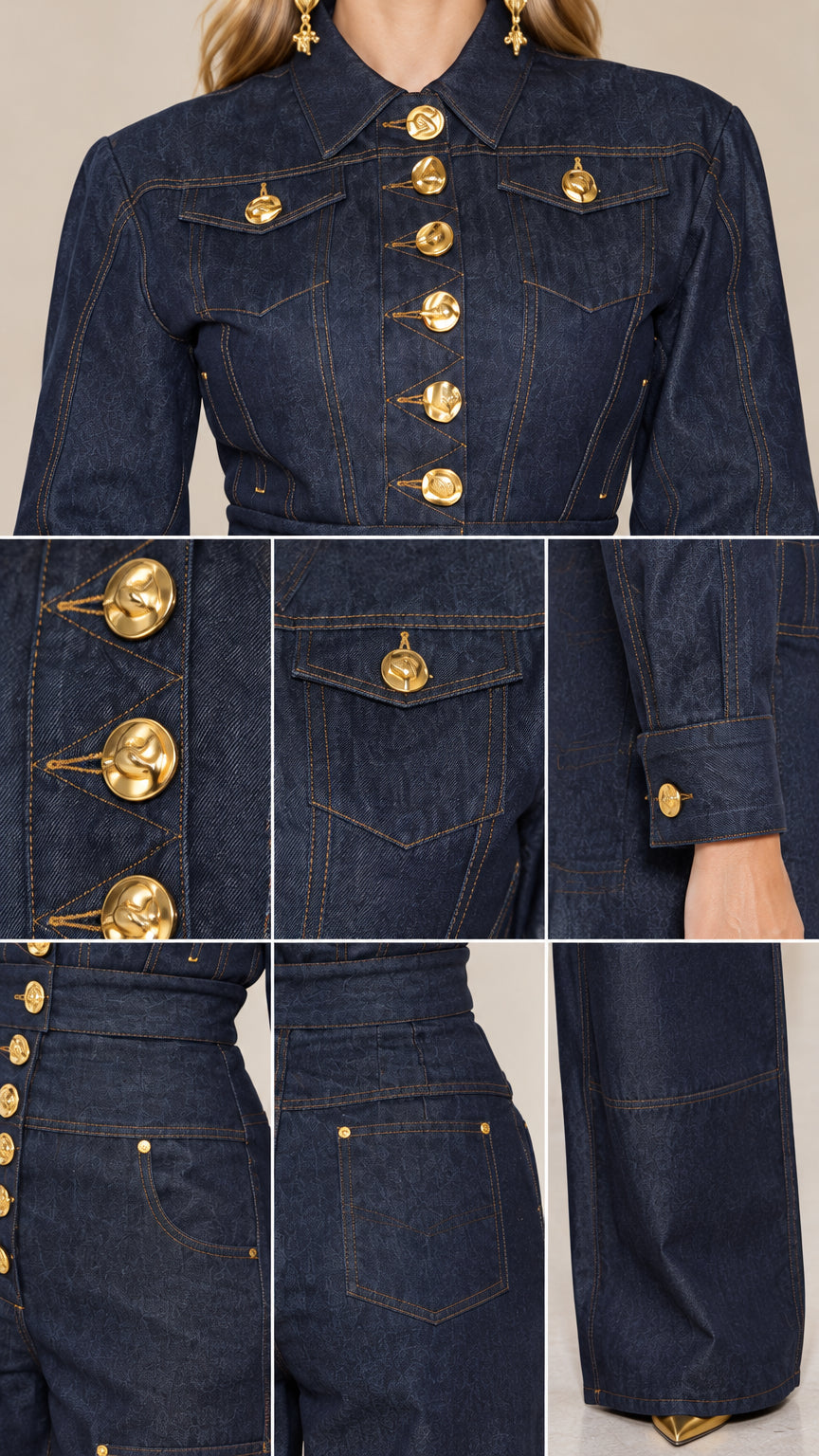 Close-up collage of dark blue denim jumpsuit detailing gold buttons, collar, chest pockets, and stitching