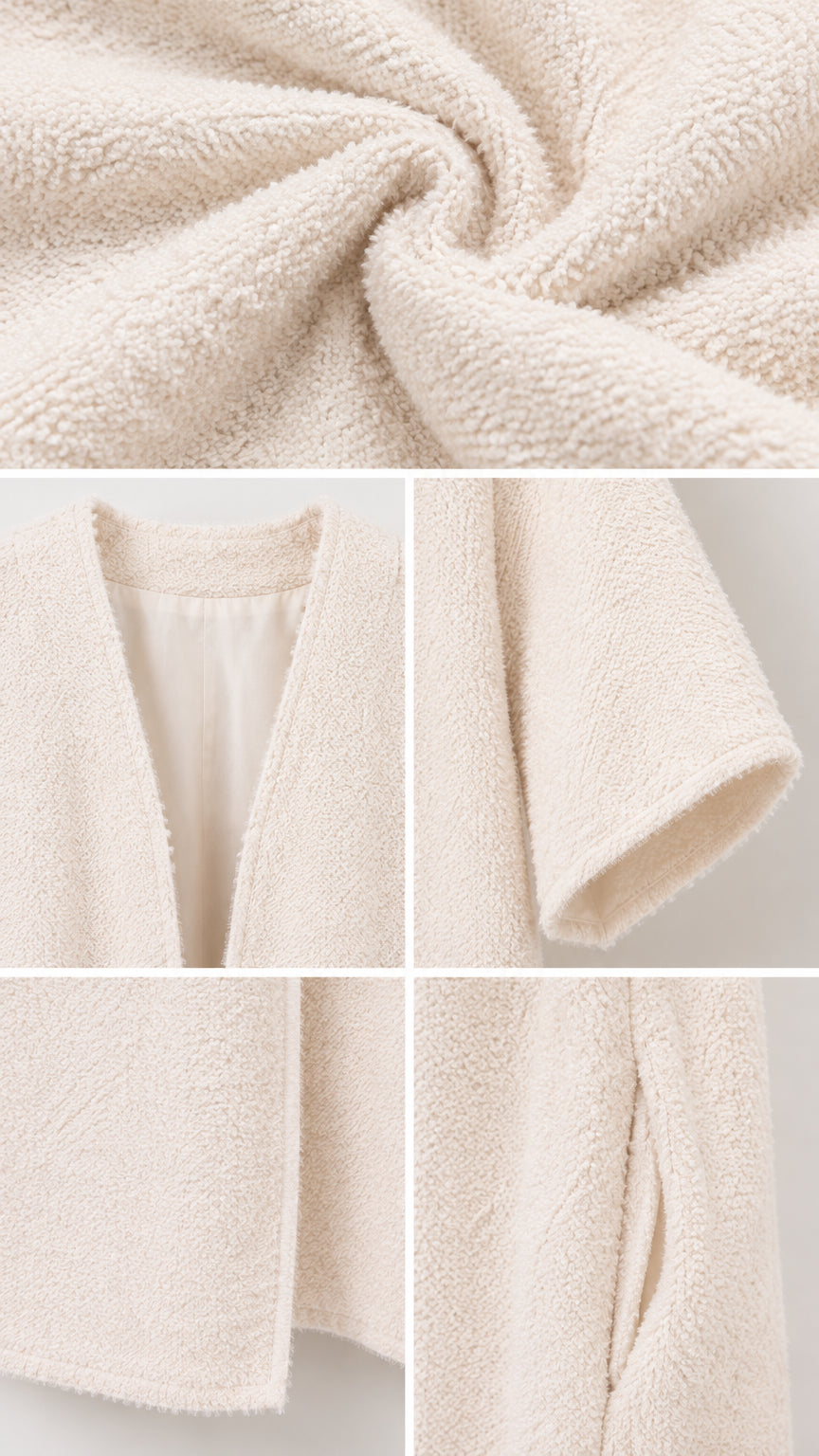 Detailed close-up views of cream bouclé fabric texture, lining, wide sleeve hem, and side pocket