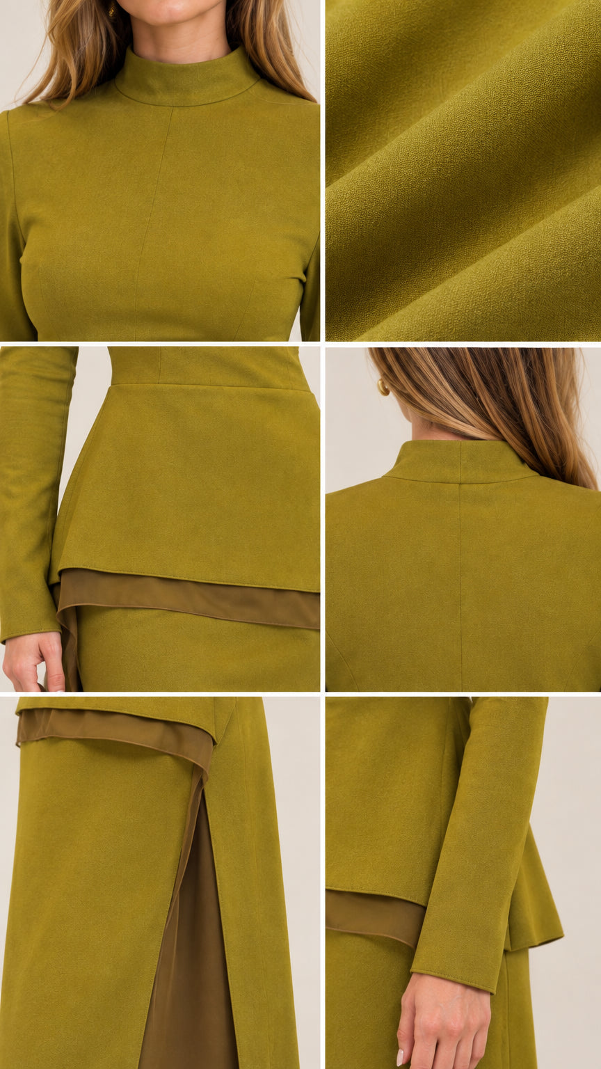 Close-up details of olive green mock neck, fabric texture, layered peplum hem, and skirt slit