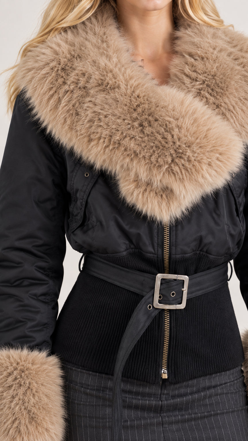 Close-up detail shot of plush tan faux fur collar, zipper, and buckled ribbed belt on black jacket