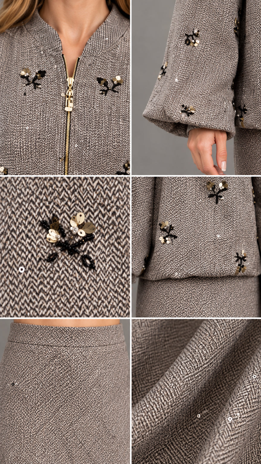 Close-up details of gold zipper, textured herringbone weave, gathered sleeve, and floral sequin appliques
