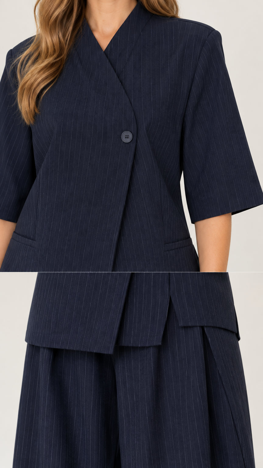 Close-up detail of Navy Blue asymmetrical button closure and pocket on pants set