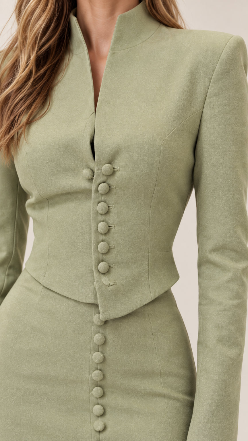 Close-up detail of sage green cropped blazer showing stand collar and covered button front