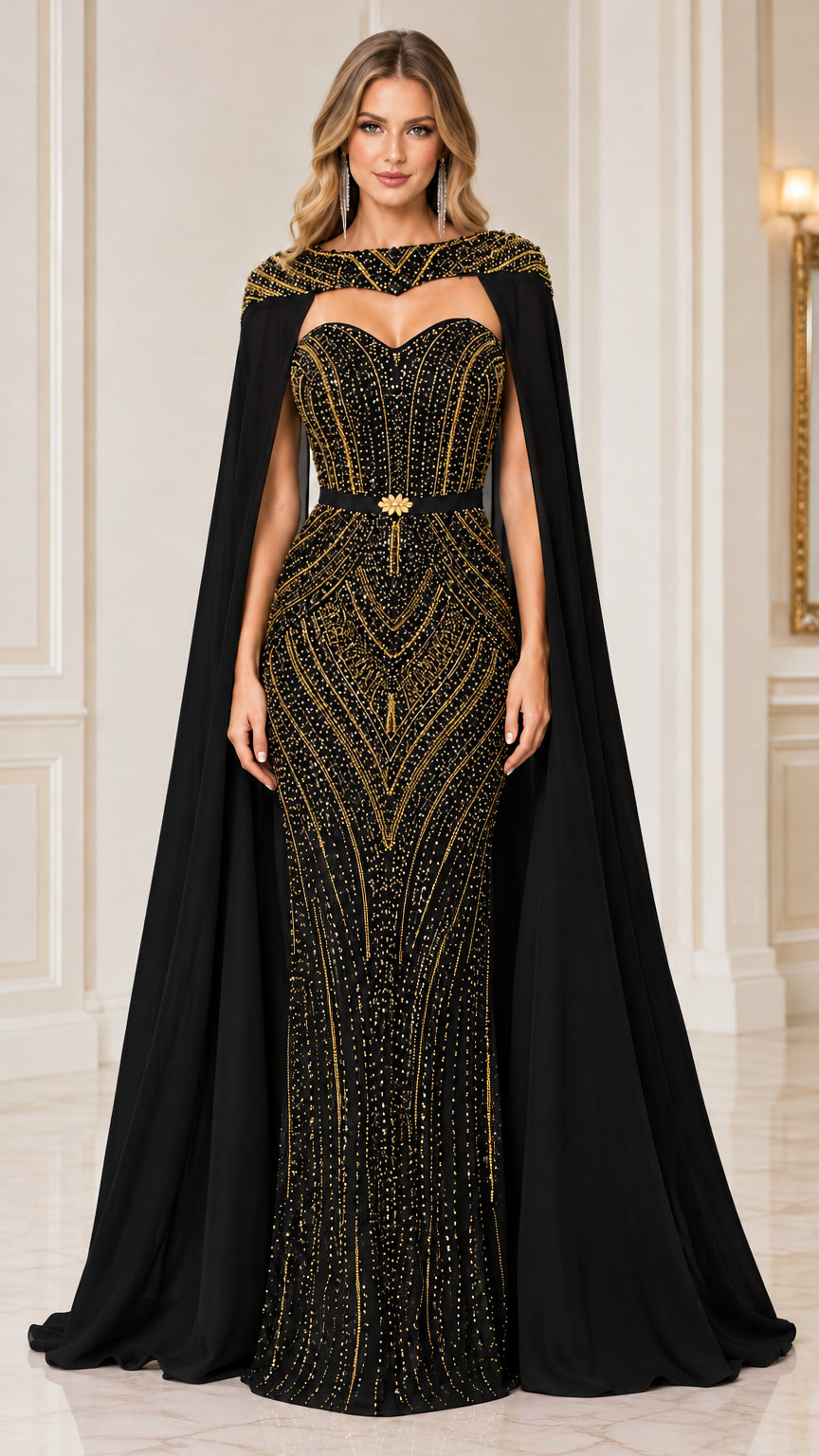 Black embellished formal evening gown with sweeping shoulder cape