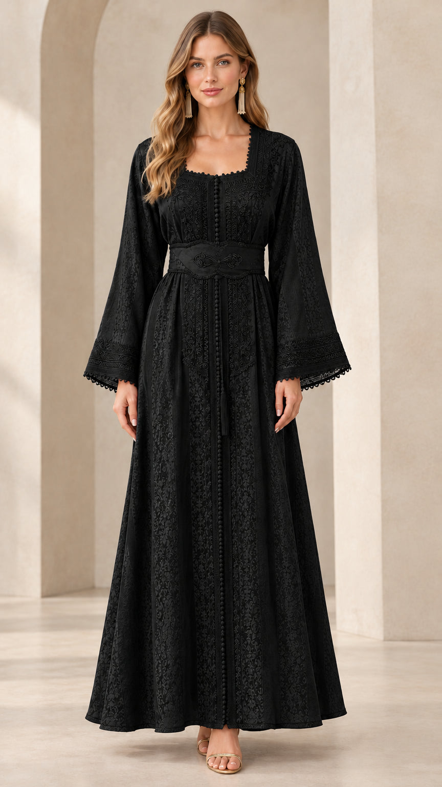 Black embroidered long sleeve square neck maxi evening dress