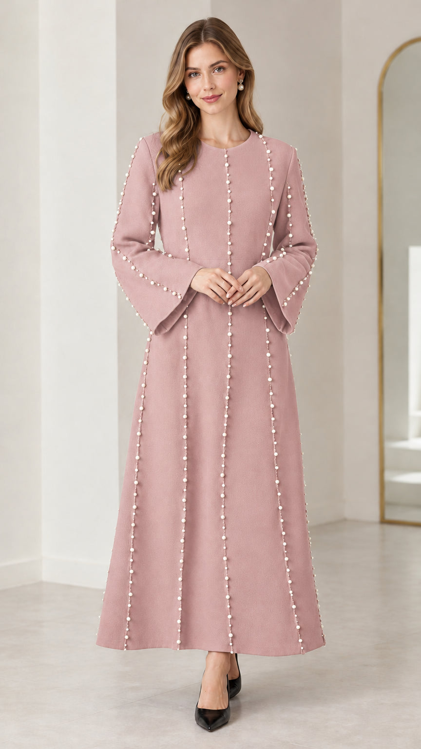 Dusty pink long sleeve pearl beaded A-line maxi dress