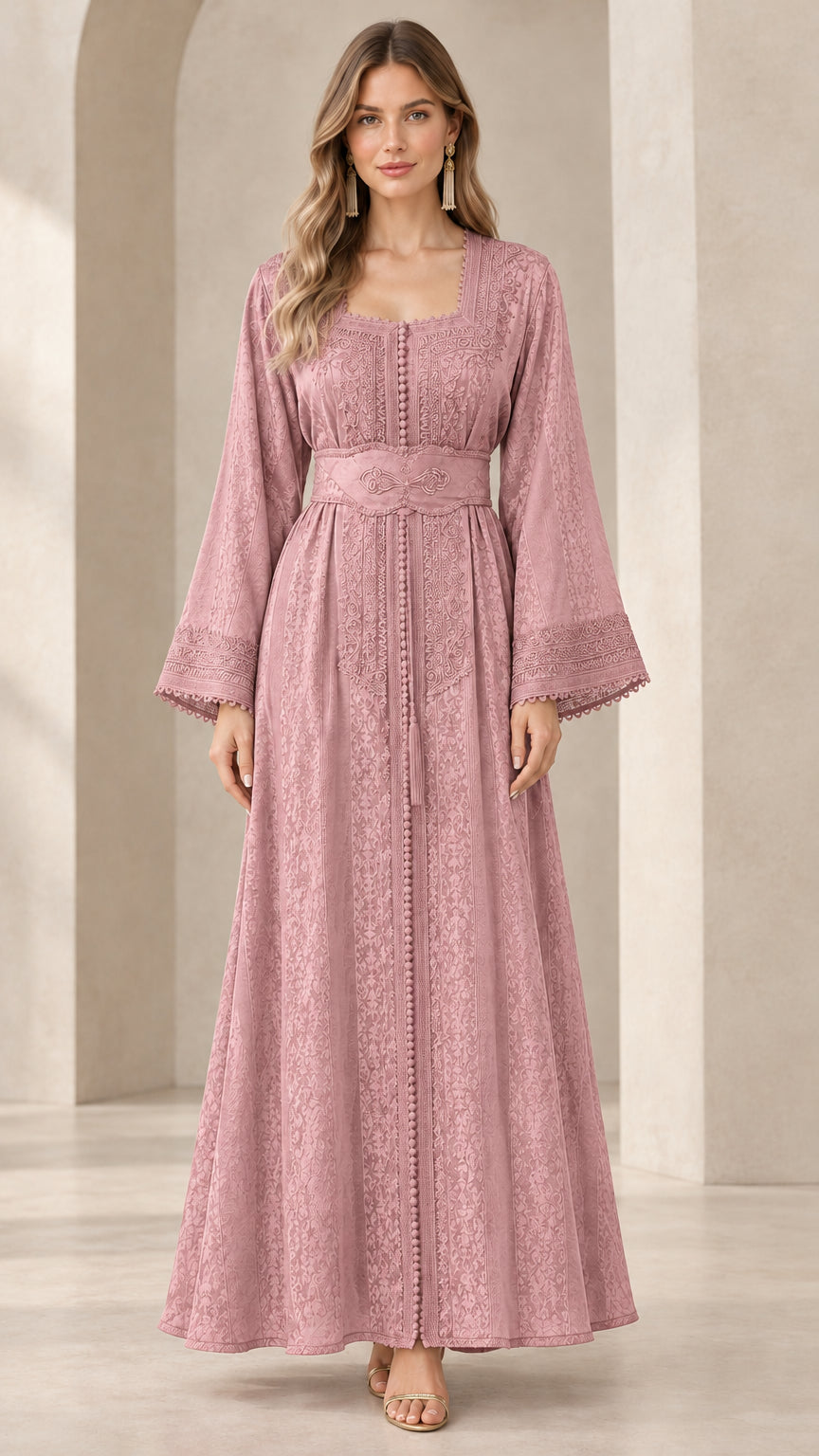 Dusty Pink embroidered modest maxi gown with bell sleeves
