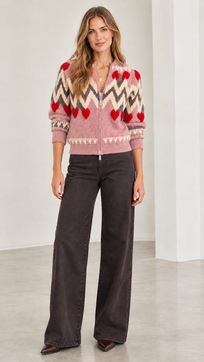 Front view of woman wearing dusty pink chevron and red heart zip-up knit cardigan