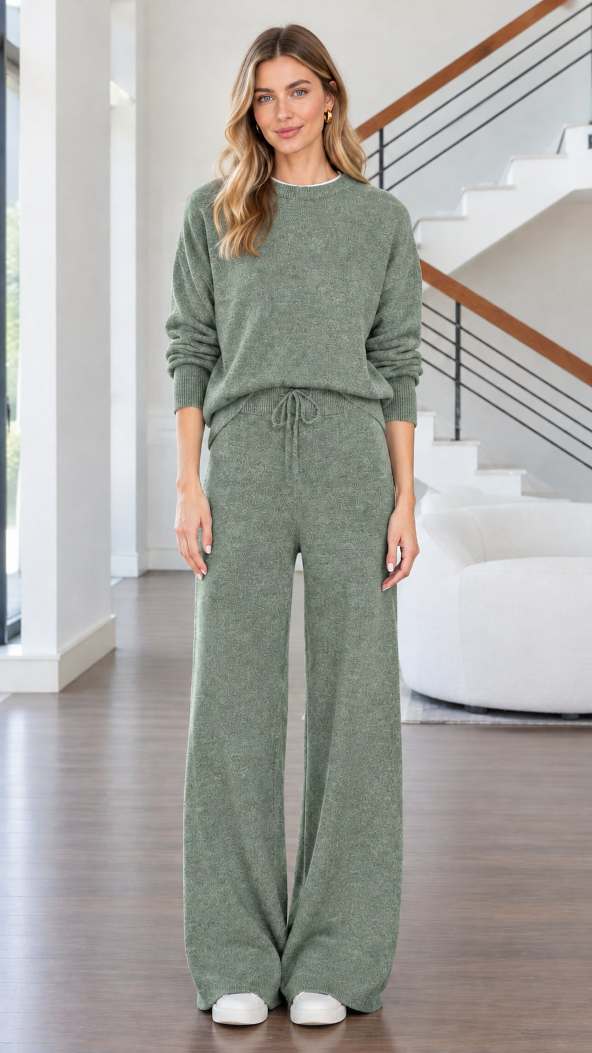 Front view of woman wearing sage green knit matching sweater and wide leg lounge set