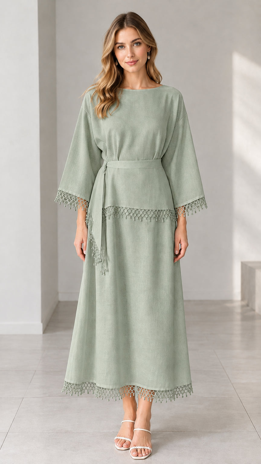 Full-length studio view of woman wearing sage green crochet trim belted maxi dress