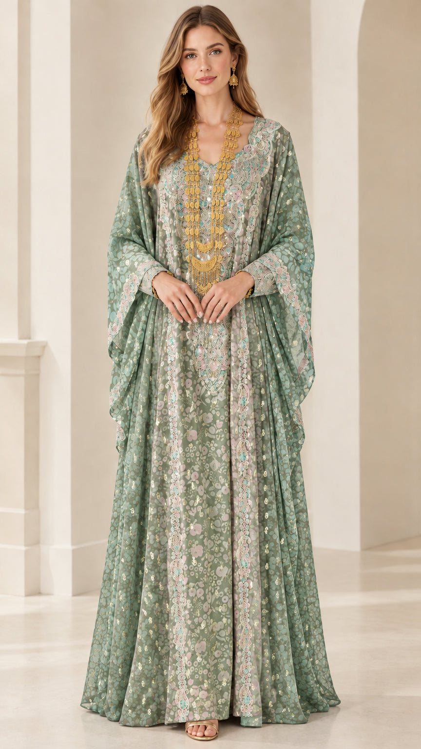 Full-length view of woman wearing Sage Green printed embellished kaftan dress