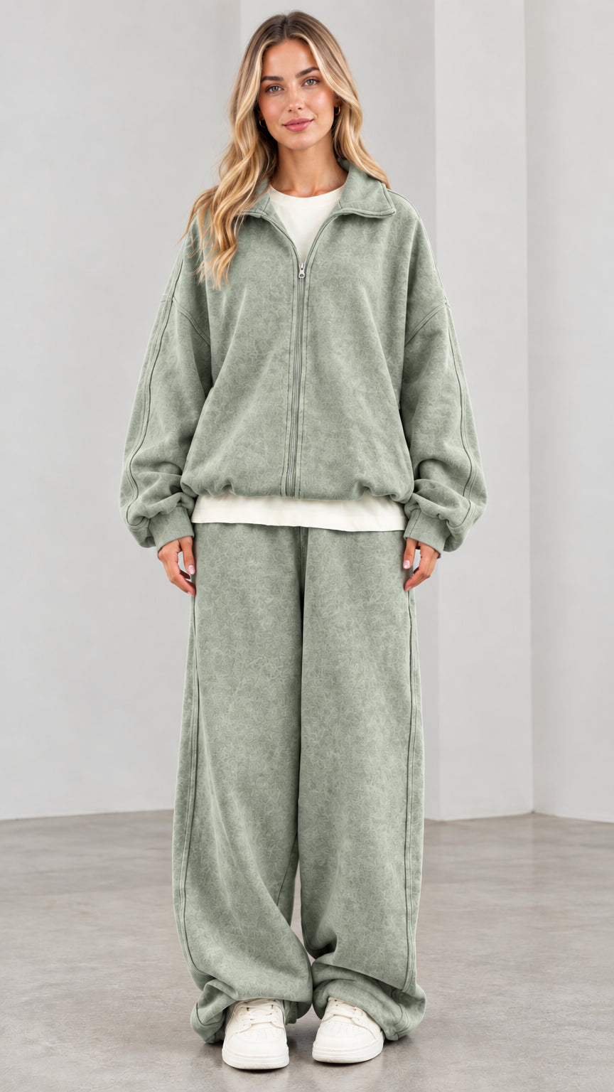 Women's sage green casual zip-up sweatshirt and wide-leg sweatpants tracksuit set