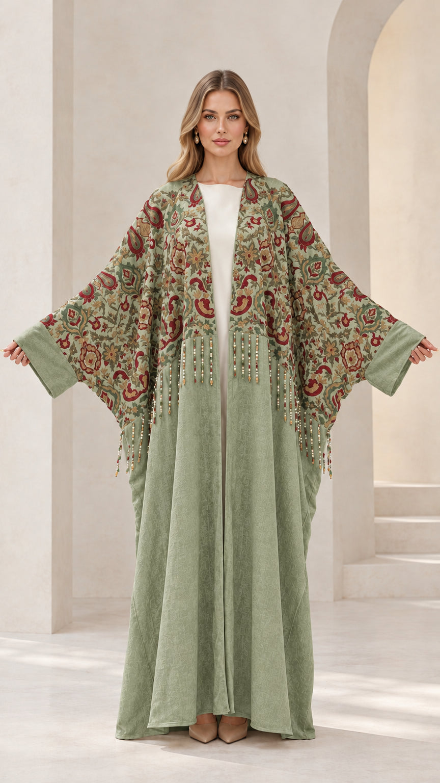 Front view of sage green embroidered abaya maxi dress with batwing sleeves
