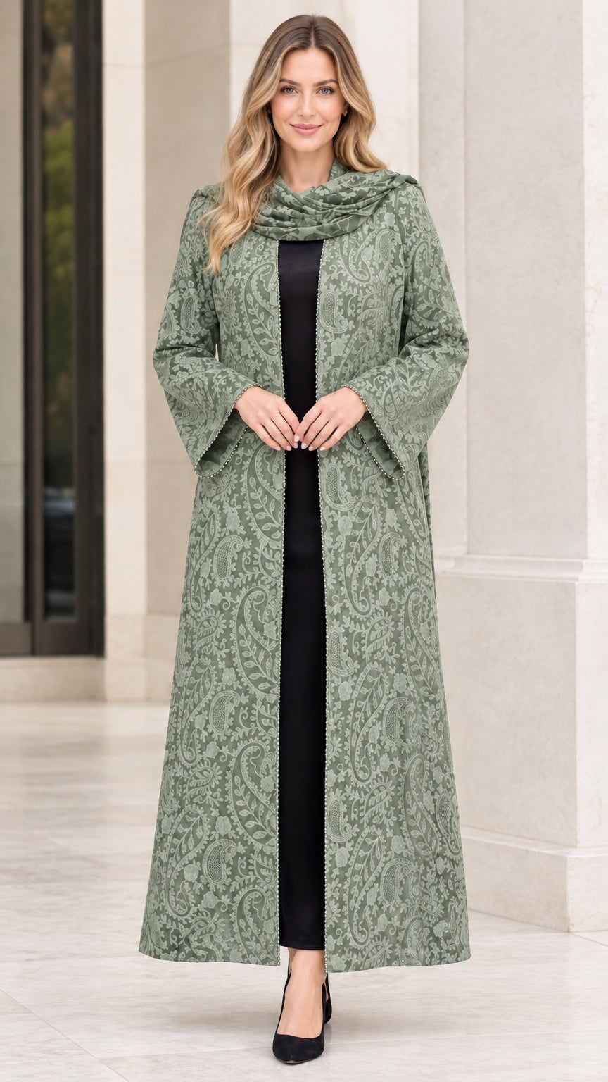 Front full-length view of woman wearing sage green paisley jacquard maxi duster coat