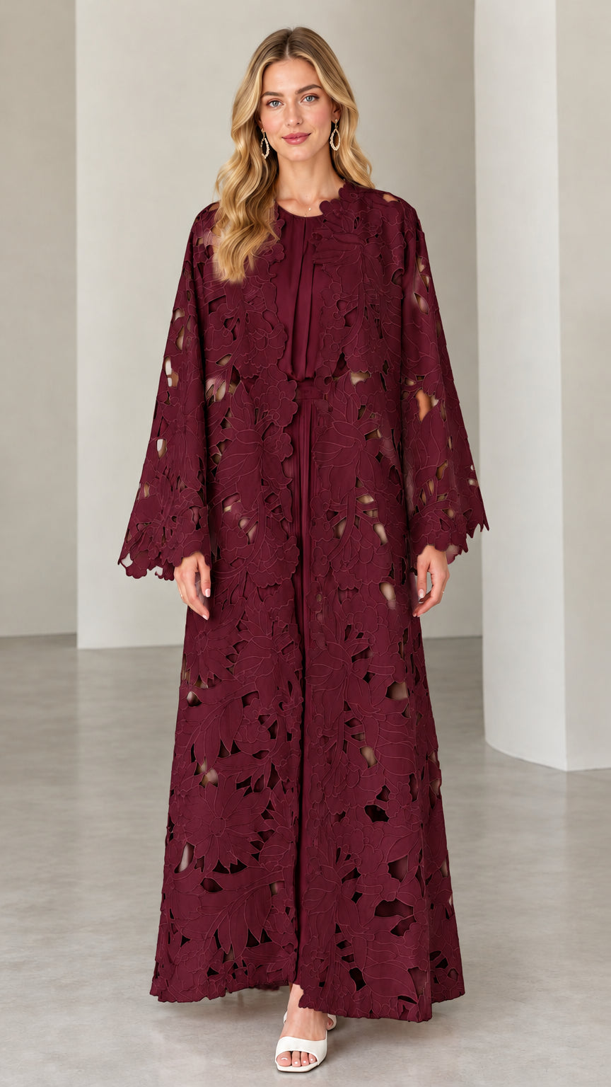Burgundy wine red floral cutout lace abaya maxi set