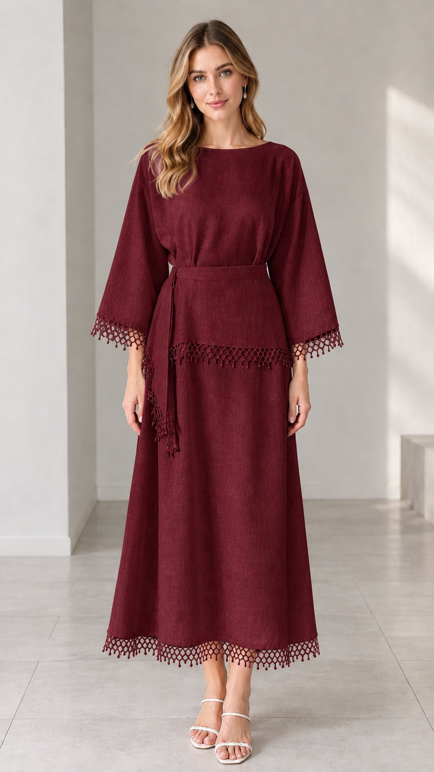 Full-length studio view of woman wearing burgundy wine crochet trim belted maxi dress