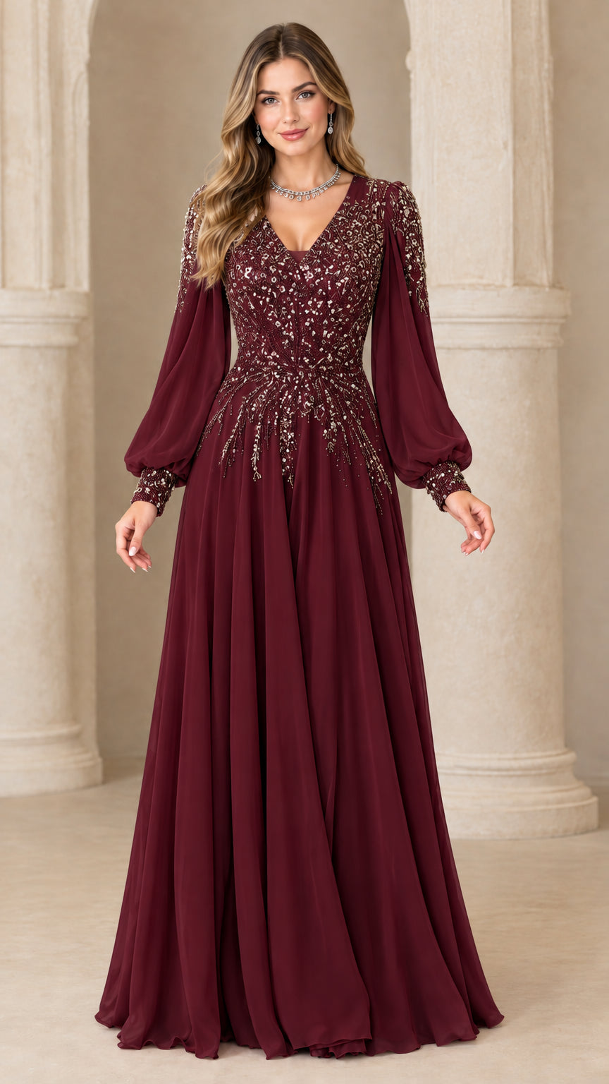 Full-length burgundy sequin bodice long sleeve formal gown