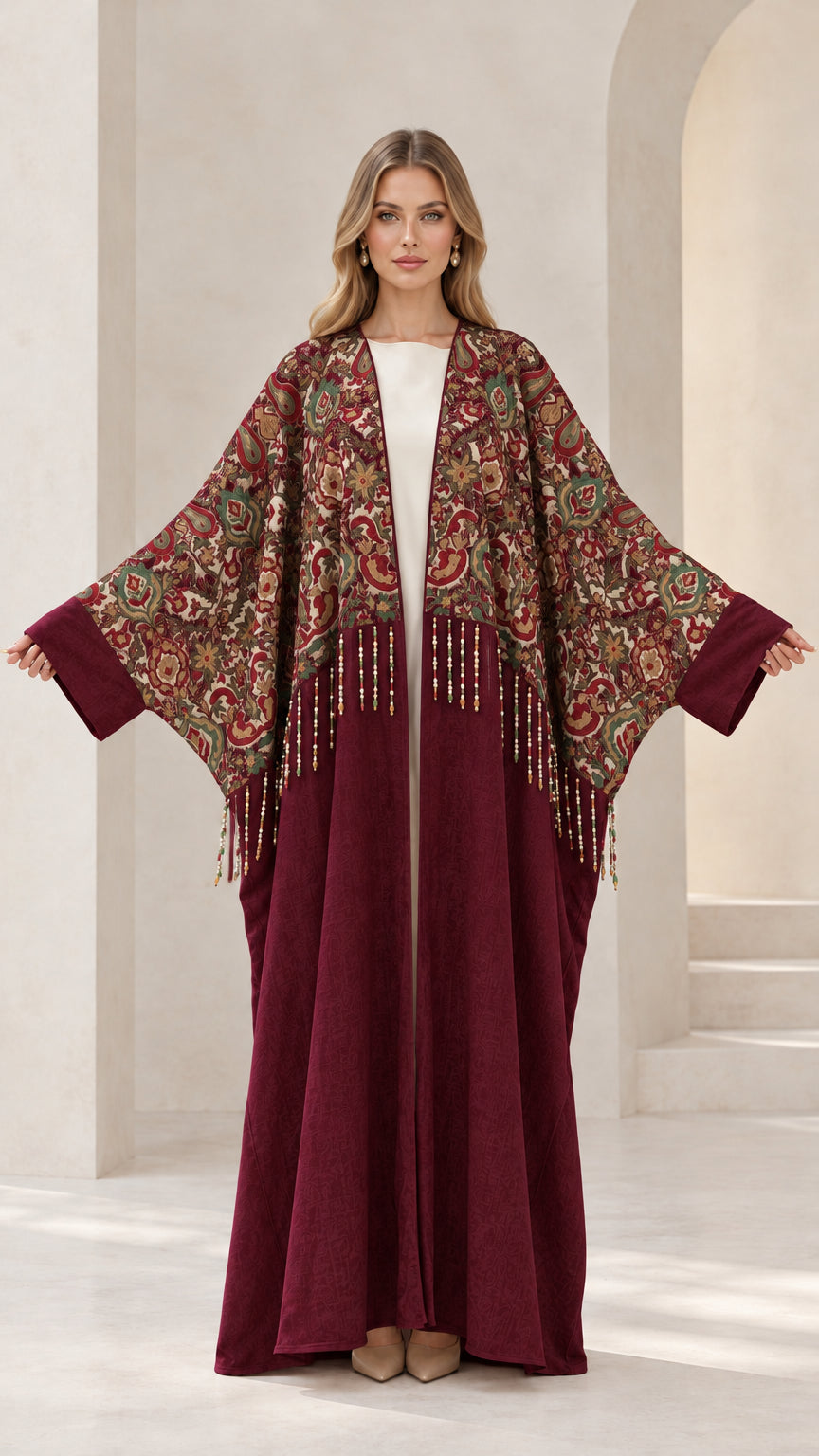 Front view of burgundy embroidered abaya maxi dress with beaded trim