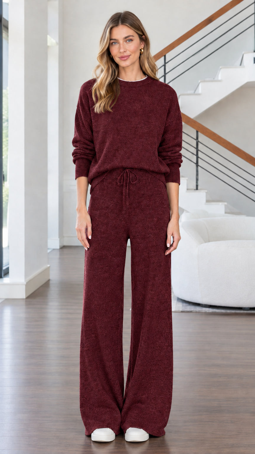 Front view of woman wearing burgundy wine red knit crewneck and wide leg pants lounge set