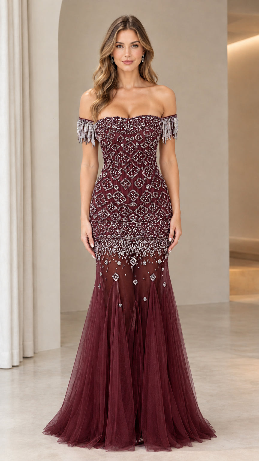 Burgundy wine red beaded off-the-shoulder evening dress with tulle skirt