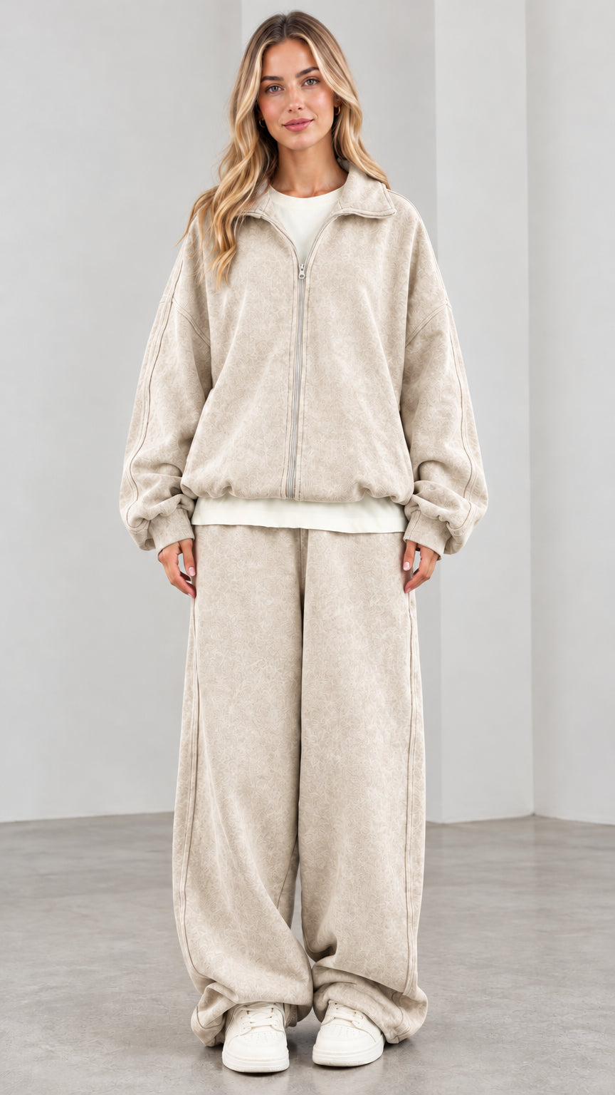 Women's oatmeal beige fleece zip jacket and matching wide-leg sweatpants set